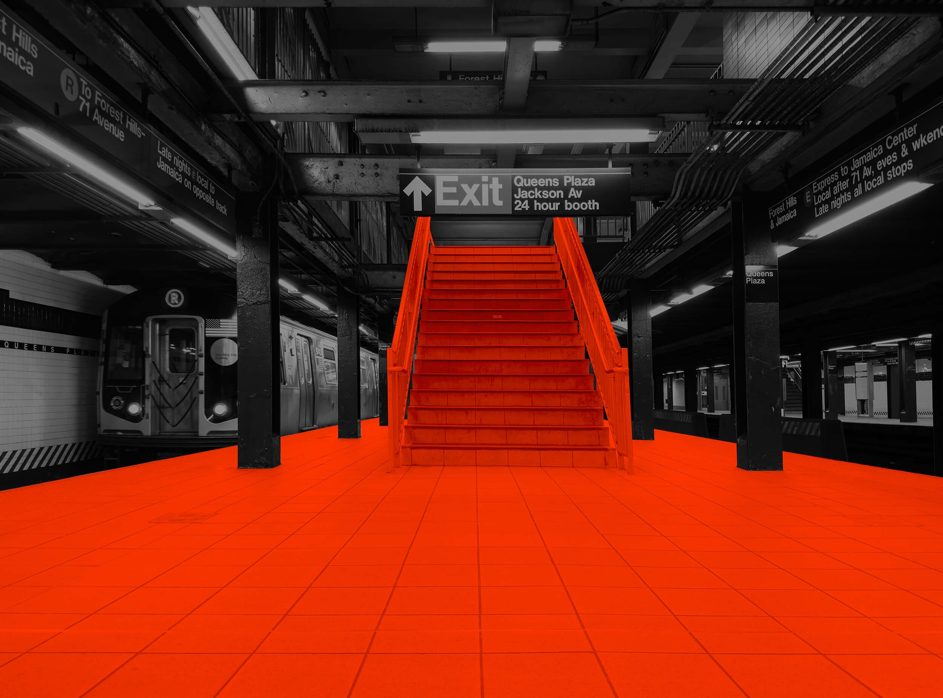 A set of stairs in a New York subway station showing the exit to the street, with no elevator available for those who need it.